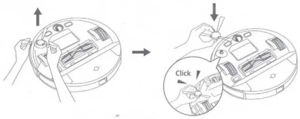 Diagram illustrating the step-by-step installation of a robotic vacuum cleaner, showing hand positioning and toolpath before and after adjustment.