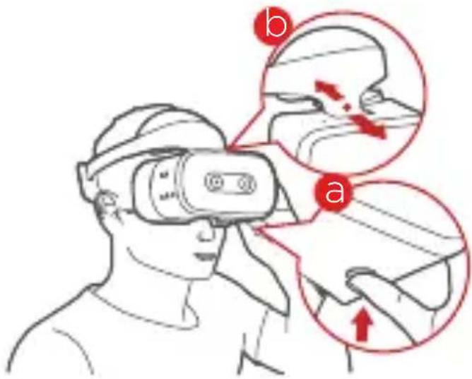 Illustration showing a person using VR headsets with labeled diagrams (a, b) illustrating facial changes and movement directions.