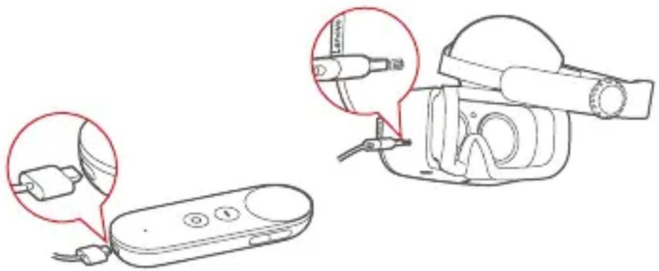 Technical diagram showing a device with labeled parts and a close-up of its internal components, including a remote control and a handheld device.