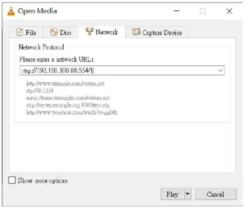 Open Media File Disc Network Capture Device Network Protocol Please enter a network URL: http://192.168.100.88:554/1 http://www.example.com/stream.av http://@1234 rms/#m#eamples.com/stream.acx http://server.example.org 8080test.scp http://www.youtube.com/watch?v=gs64x Show more options Play Cancel