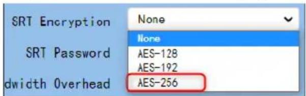 SRT Encryption SRT Password dwidth Overhead None None AES-128 AES-192 AES-256