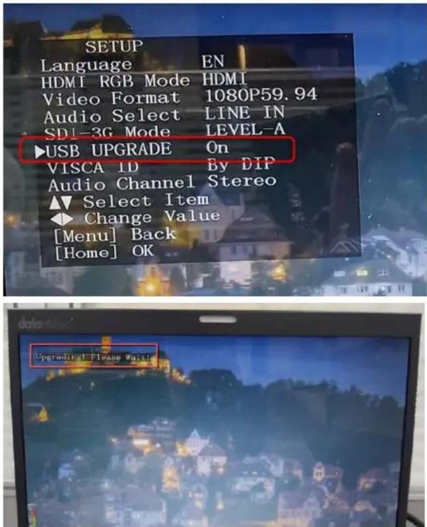 SETUP Language EN HDMI RGB Mode HDMI Video Format 1080P59.94 Audio Select LINE IN SDI-3G Mode LEVEL-A ►USB UPGRADE On VISCA ID By DIP Audio Channel Stereo ▲▼ Select Item ◆▼ Change Value [Menu] Back [Home] OK Upgrading! Please Wait!