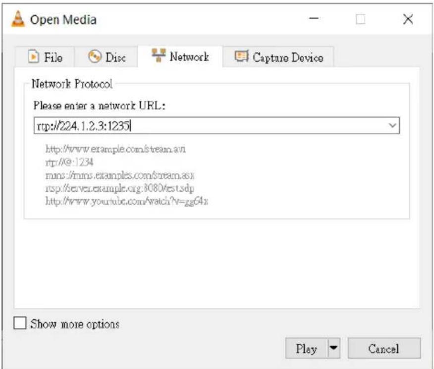 Open Media File Disc Network Capture Device Network Protocol Please enter a network URL: http://224.1.2.3:1235/ http://www.example.com/stream.avi rtp/@:1234 mms://mms.examples.com/stream.asx rsp://server.example.org:8080/test.sdp http://www.youtube.com/watch?v=gg64x Show more options Play Cancel
