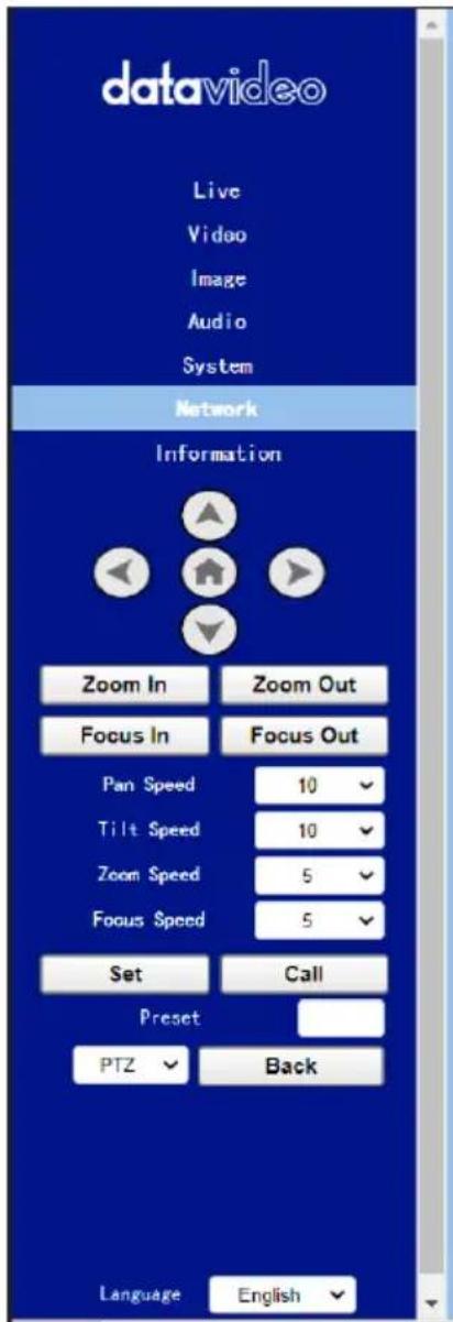 datavideo Live Video Image Audio System Network Information Zoom In Zoom Out Focus In Focus Out Pan Speed 10 Tilt Speed 10 Zoom Speed 5 Focus Speed 5 Set Call Preset PTZ Back Language English