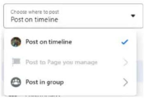 Choose where to post Post on timeline Post on timeline Post to Page you manage Post in group