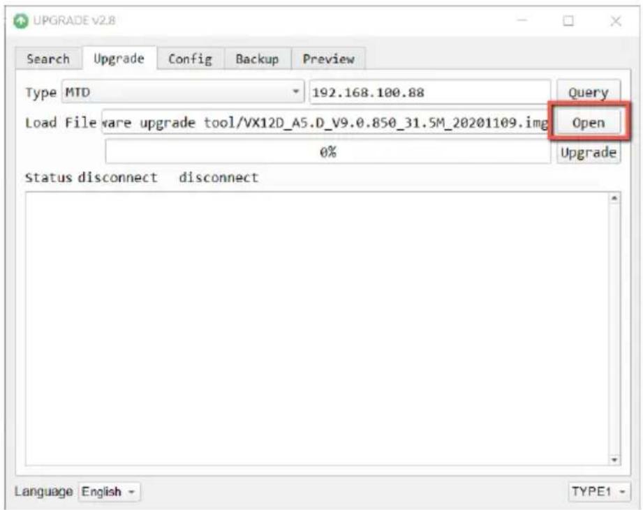 UPGRADE v2.8 Search Upgrade Config Backup Preview Type MTD 192.168.100.88 Query Load File ware upgrade tool/VX12D_A5.D_V9.0.850_31.5M_20201109.img Open 0% Upgrade Status disconnect disconnect Language English - TYPE1 -