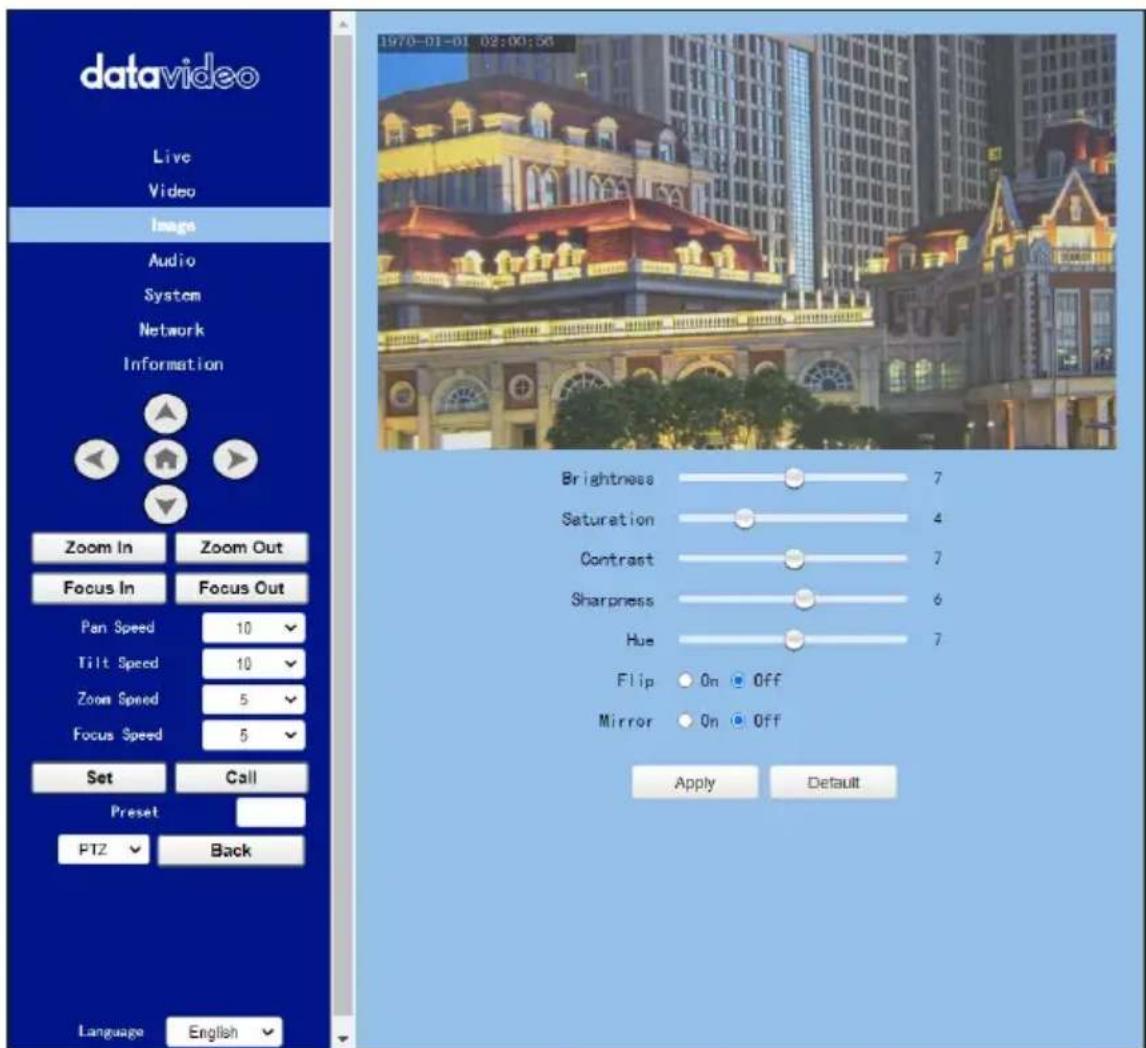 datavideo Live Video Image Audio System Network Information Zoom In Zoom Out Focus In Focus Out Pan Speed 10 Tilt Speed 10 Zoom Speed 5 Focus Speed 5 Set Call Preset PTZ Back Language English 1970-01-01 02:00:58 Brightness 7 Saturation 4 Contrast 7 Sharpness 6 Hue 7 Flip On Off Mirror On Off Apply Default