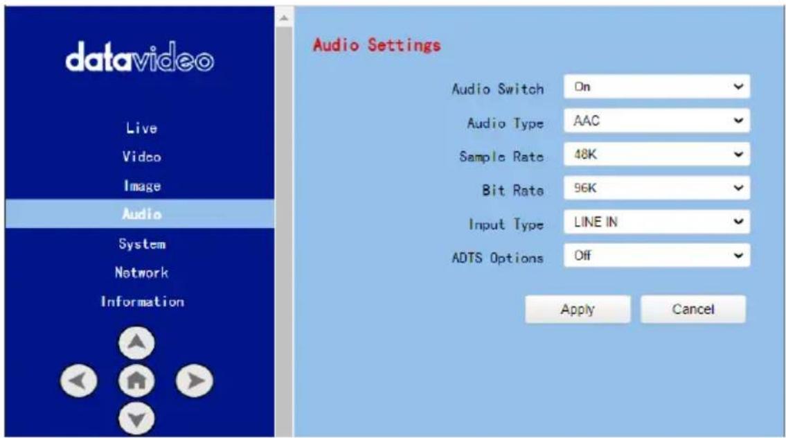 datavideo Live Video Image Audio System Network Information Audio Settings Audio Switch On Audio Type AAC Sample Rate 48K Bit Rate 96K Input Type LINE IN ADTS Options Off Apply Cancel