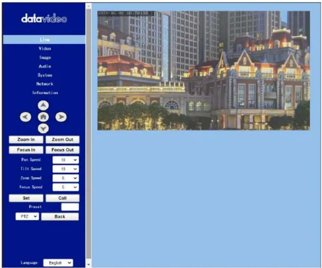 datavideo Live Video Image Audio System Network Information Zoom In Zoom Out Focus In Focus Out Pan Speed 10 Tilt Speed 10 Zoom Speed 5 Focus Speed 5 Set Call Preset PTZ Back Language English