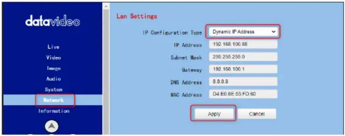 datavideo Live Video Image Audio System Network Information Lan Settings IP Configuration Type Dynamic IP Address IP Address 192.168.100.88 Subnet Mask 255.255.255.0 Gateway 192.166.100.1 DNS Address 8.8.8.8 MAC Address D4 E0.8E 55 FD 60 Apply Cancel