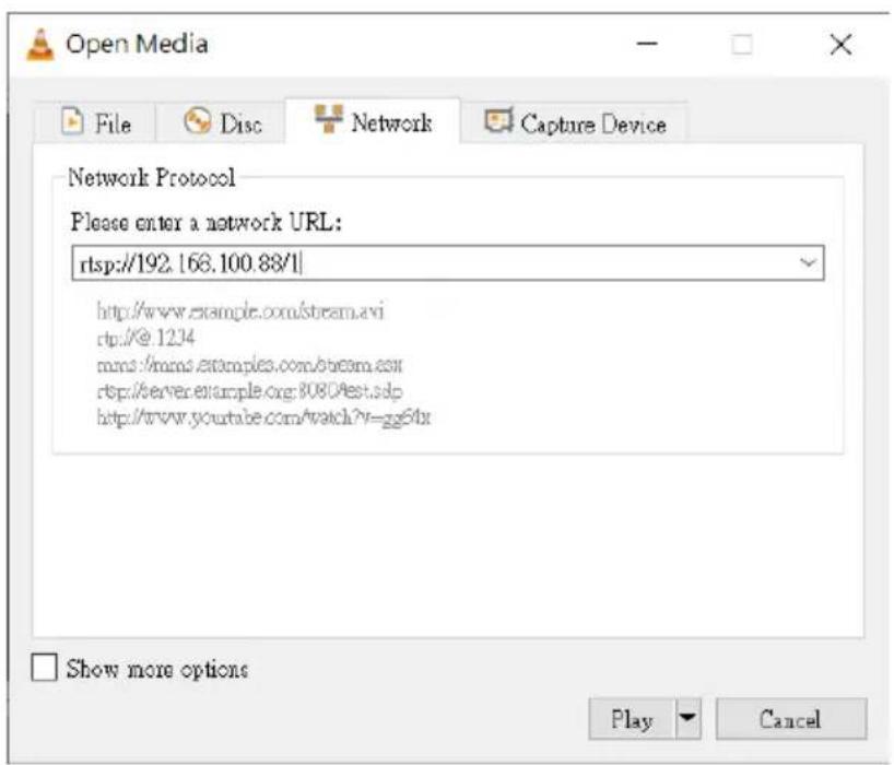 Open Media File Disc Network Capture Device Network Protocol Please enter a network URL: rtsp://192.168.100.88/| http://www.example.com/stream.avi rtp://@.1234 mms:/mms.stamples.com/obcam.asx rtsp://server.example.org:8080'est.sdp http://www.youtube.com/watch?v=gg6fix Show more options Play Cancel