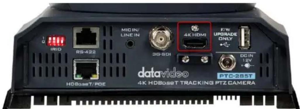 1 0 IRID RS-422 MIC IN/ LINE IN 3G-SDI 4K HDMI F/W UPGRADE ONLY DC IN 12V HDBoseT/POE datavideo 4K HDBoseT TRACKING PTZ CAMERA PTC-285T