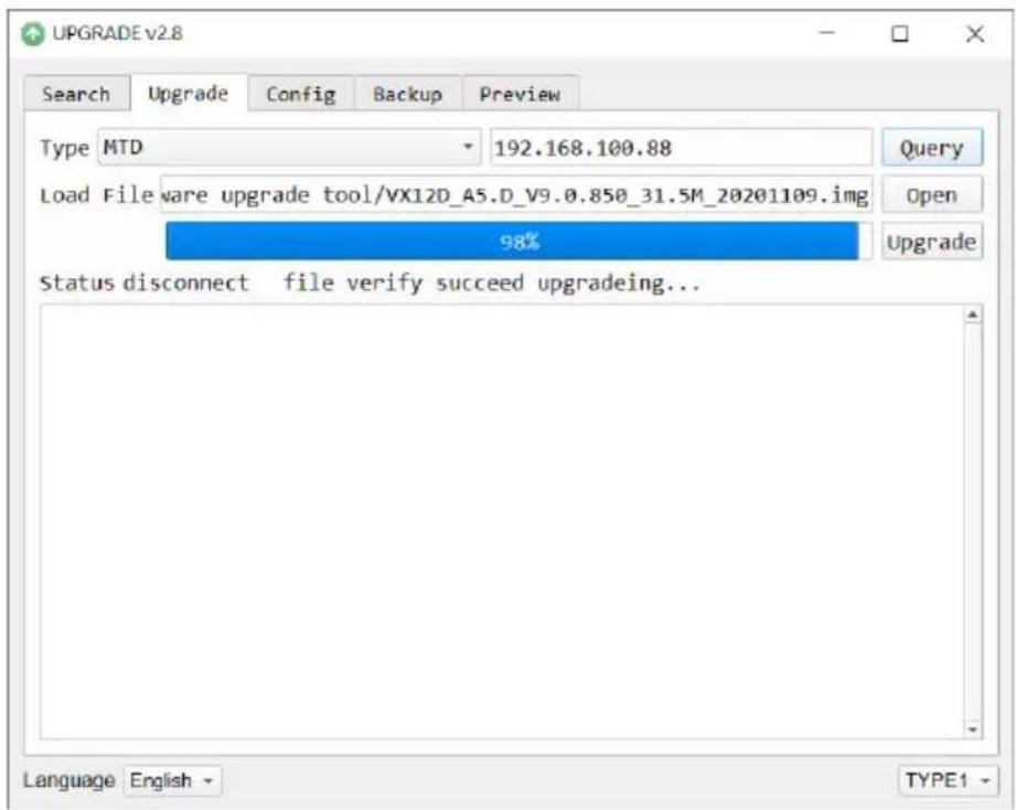 UPGRADE v2.8 Search Upgrade Config Backup Preview Type MTD 192.168.100.88 Query Load File ware upgrade tool/VX12D_A5.D_V9.0.850_31.5M_20201109.img Open 98% Upgrade Status disconnect file verify succeed upgrading... Language English TYPE1