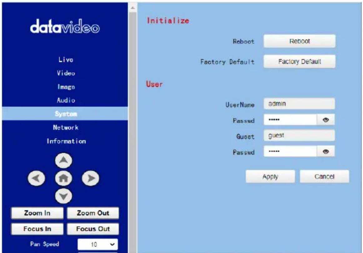 datavideo Live Video Image Audio System Network Information Zoom In Zoom Out Focus In Focus Out Pan Speed 10 Initialize Reboot Reboot Factory Default Factory Default User UserName admin Passwd ...... Guest guest Passwd ...... Apply Cancel
