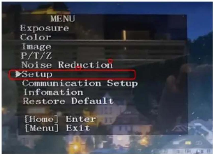 MENU Exposure Color Image P/T/Z Noise Reduction Setup Communication Setup Infomation Restore Default [Home] Enter [Menu] Exit