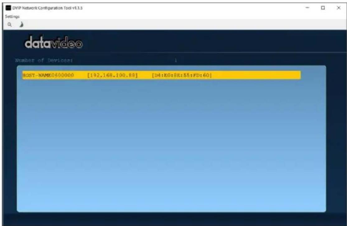 DVIP Network Configuration Tool v1.1.5 Settings datavideo Number of Devices: HOST-NAME0600000 [192,168,100.89] [D4:E0:8E:55:F0:60]