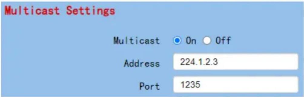 Multicast Settings Multicast On Off Address 224.1.2.3 Port 1235