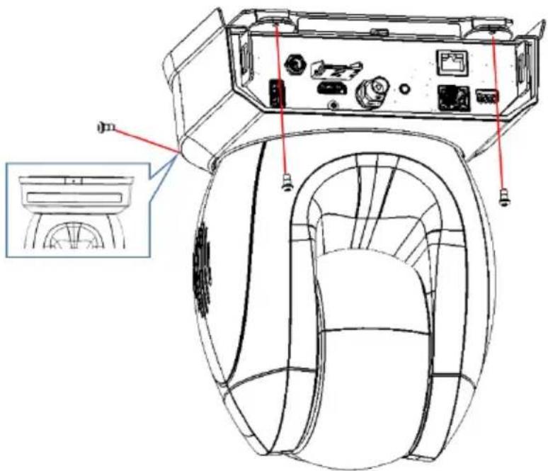 Technical diagram of a device rear panel with labeled components and an inset view showing internal structure.