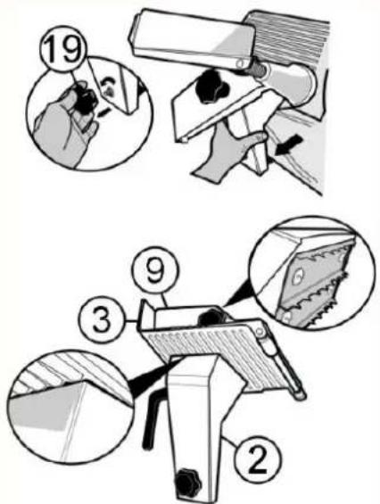 Technical diagram illustrating a mechanical assembly with numbered steps for tool application or assembly.