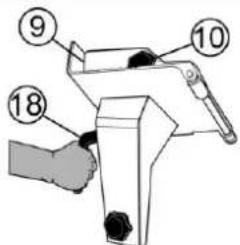 Diagram of a hand holding a mechanical device with numbered parts labeled 9, 10, and 18.