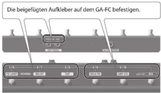 Die beigefügten Aufkleber auf dem GA-FC befestigen. 1/8 F2 LOOP - REVERSE - DELAY 3/8 TAP 4/8 SOLD/EQ 5/10 AMP GTI HIG