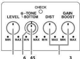 CHECK LEVEL TONE BOTTOM DIST GAIN BOOST MIN MAX MIN MAX MIN MAX MIN MAX 6 45 3