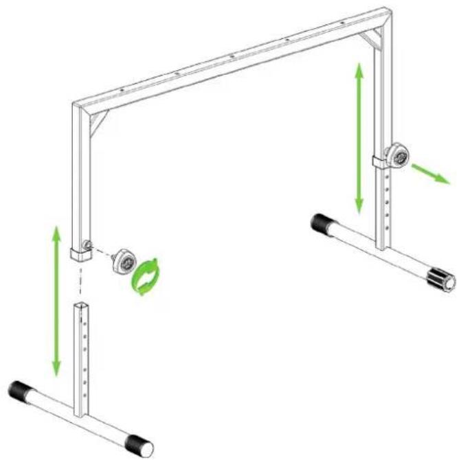 Technical diagram of a mechanical frame with green directional arrows indicating motion or movement (no text or symbols)