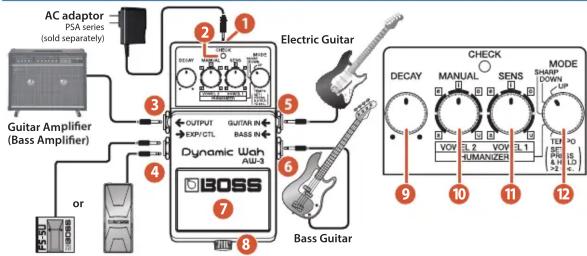 AC adaptor PSA series (sold separately) Guitar Amplifier (Bass Amplifier) or 3 4 5 6 7 8 Electric Guitar Dynamic Woh AU-3 Boss Bass Guitar 9 10 11 12 CHECK DECAY MANUAL SENS MODE SHARP DOWN UP VOL IL 2 RUMANZER L 1 TER SE 4 IS 2 L D 1