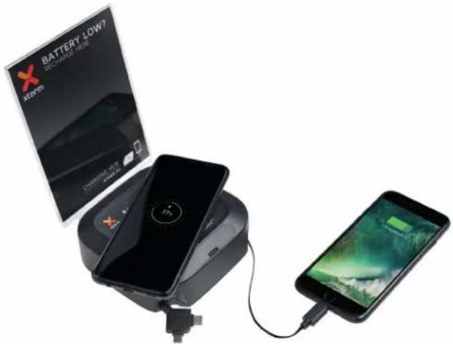 Electric vehicle charging station with battery cover and smartphone, no visible text or symbols on main components