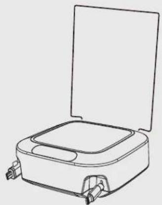 Line drawing of a portable gas stove with open lid and side-mounted buttons (no text or symbols)