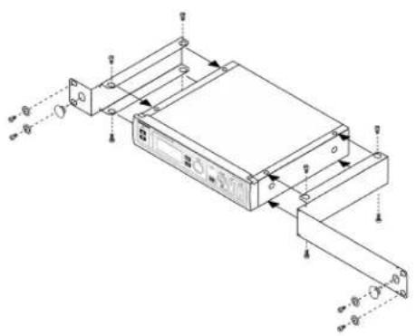 Technical diagram of an electronic device with labeled ports and internal components, showing assembly relationships and mounting points.
