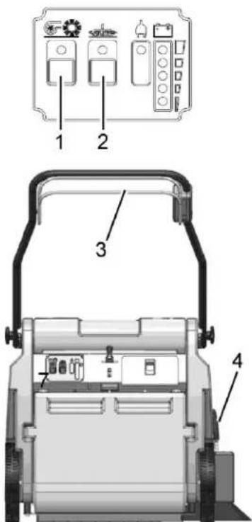 Technical diagram of a device rear panel with labeled components including control panel, buttons, and chassis frame.