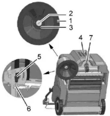 Technical diagram of a mechanical device with numbered components and exploded view