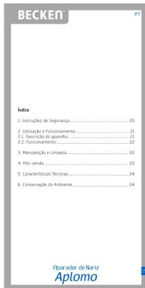 BECKEN Índice 1. Instruções de Segurança......20 2. Utilização e Funcionamento......21 2.1. Descrição do aquinhos......21 2.2. Funcionamento......22 3. Manutenção e Limpeza......22 4. Pós-ende......23 5. Características Vécnicas......24 6. Conservação do Ambiente......24 Portador do Noriz Aptomo
