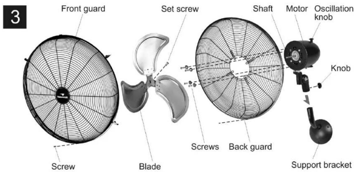 3 Front guard Set screw Screw Blade Screws Back guard Shaft Motor Oscillation knob Knob Support bracket