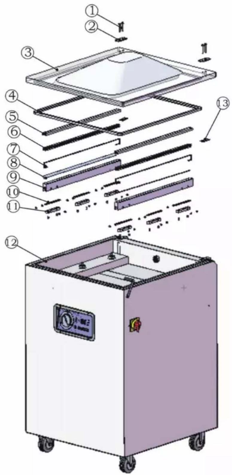 Exploded view diagram of a device with numbered components for assembly or maintenance reference.