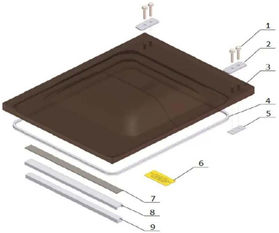 Exploded view diagram of a solar panel assembly with numbered components