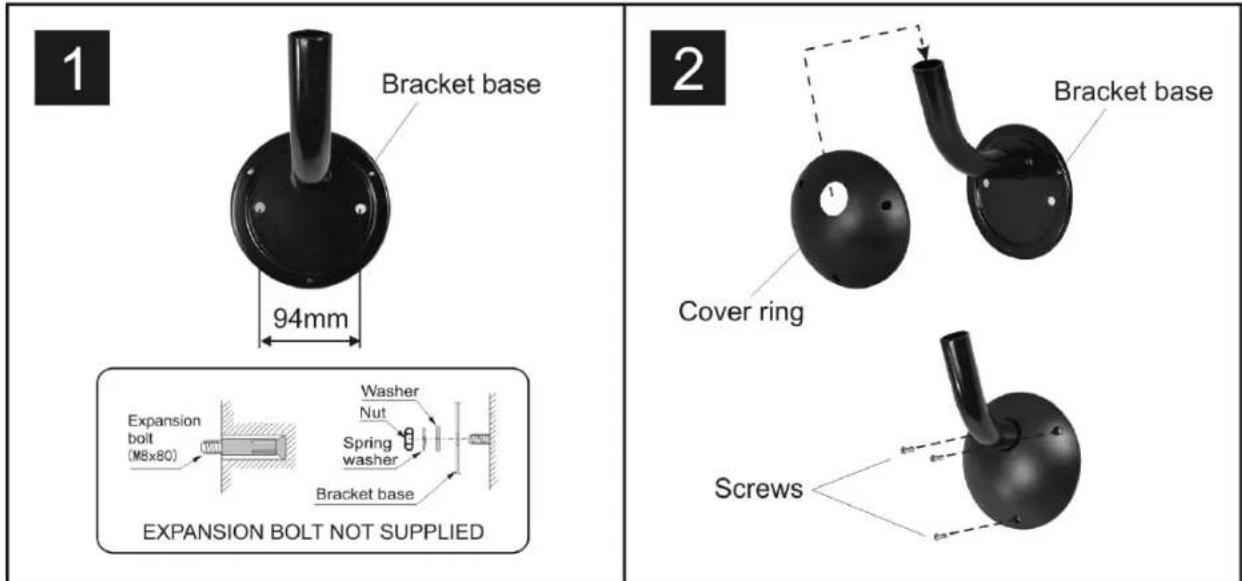 1 Bracket base 94mm Expansion bolt (M8x80) Washer Nut Spring washer Bracket base EXPANSION BOLT NOT SUPPLIED 2 Bracket base Cover ring Screws