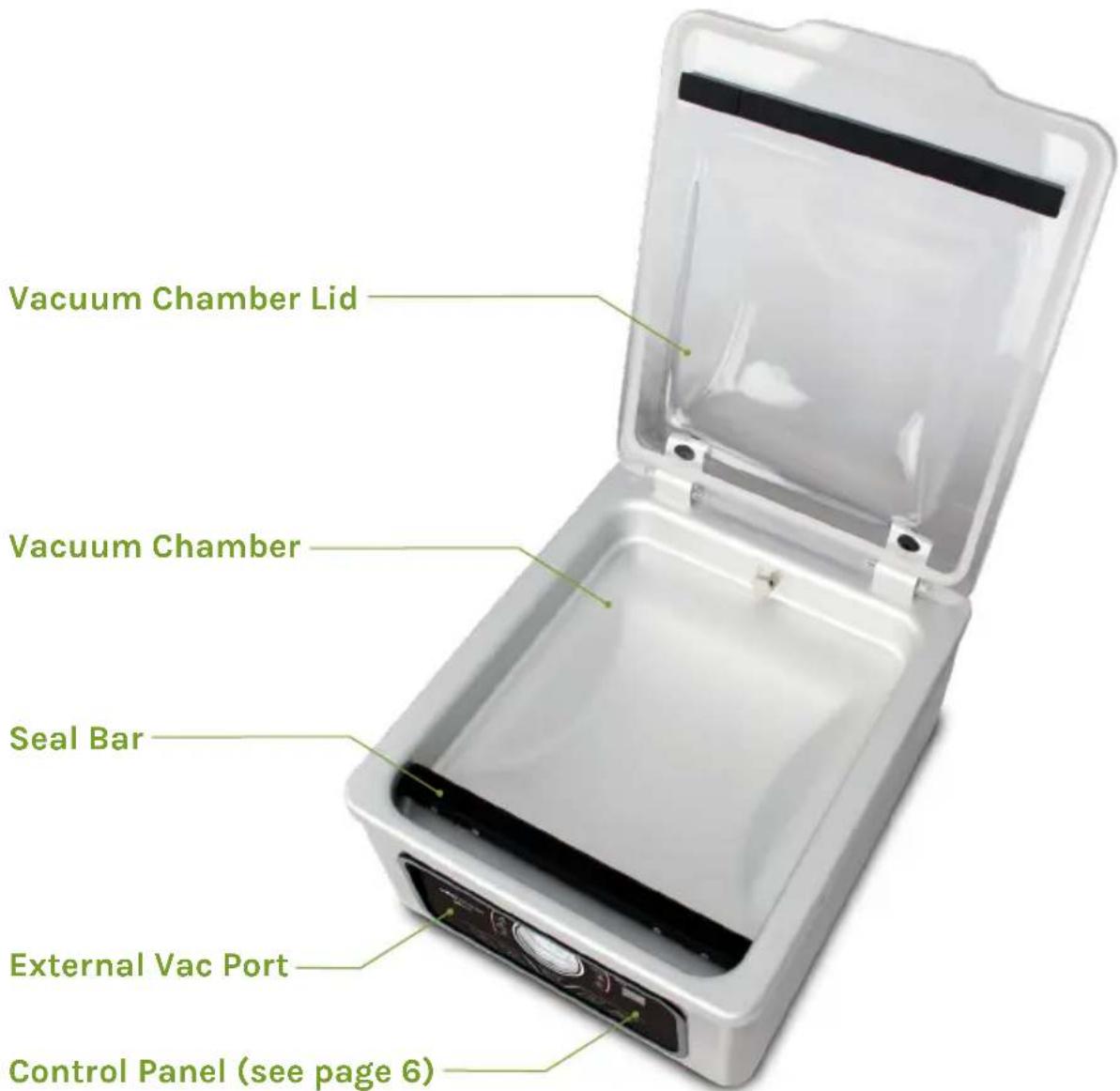 Vacuum Chamber Lid Vacuum Chamber Seal Bar External Vac Port Control Panel (see page 6)
