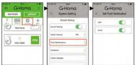 G-rHoma DEVICES GROUP + - Value Stamp OFF F232 A&E ON G-rHoma System Setting System Setting Sound Setting Action Interval 3% Push Notifications Feedback Check Library G-rHoma Set Push Notification APP Send