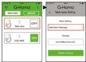 G-Homa DEVICES GROUP OFF Table lamp ON 2022 ARE G-Homa Table lamp Setting Alarm Setting Add Alarm Message Context service@home.com Create Device