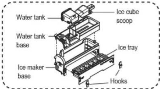Water tank Water tank base Ice maker base Ice cube scoop Ice tray Hooks
