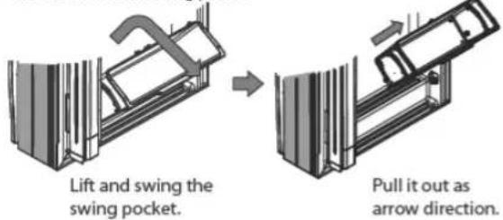 Lift and swing the swing pocket. Pull it out as arrow direction.