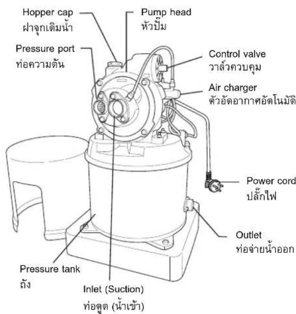 Hopper cap ฟ้าอุกเจิมน้ํา Pressure port ท่อความตัน Pump head หัวปืม Control valve วาล้วควบคุม Air charger ตัวอัดอากาศอัตโนมัติ Power cord ปลักไฟ Outlet ท่อจ่ายน้ําออก Pressure tank ถัง Inlet (Suction) ท่อดูด (น้ําเข้า)
