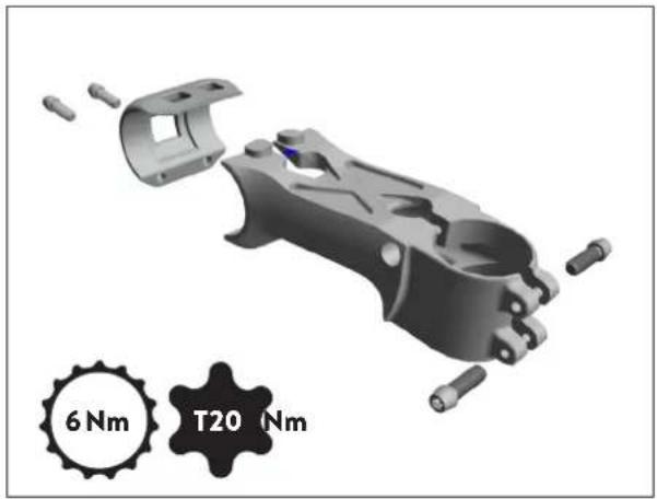 3D mechanical assembly diagram showing internal components and a labeled scale bar (6 Nm and T20 Nm) with no readable text or symbols beyond labels.
