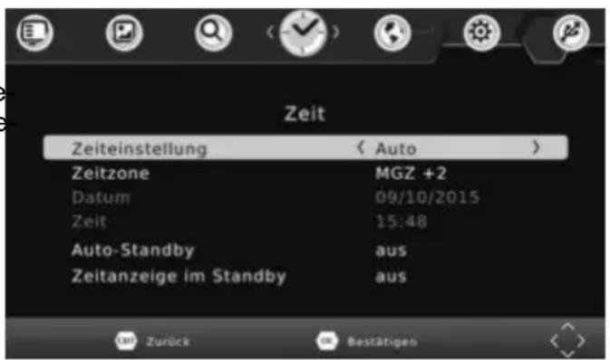 Zeit Zeiteinstellung < Auto > Zeitzone MGZ +2 Datum 09/10/2015 Zeit 15:48 Auto-Standby aus Zeitanzeige im Standby aus