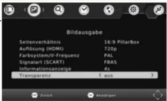 Bildausgabe Seitenverhältnis 16:9 PillarBox Auflösung (HDMI) 720p Farbsystem/V-Frequenz PAL Signalart (SCART) FBAS Informationsanzeige 4s Transparenz ( aus )
