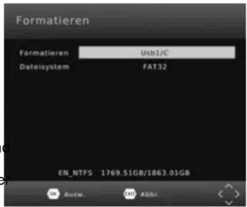 Formatieren Formatieren Usb1/C Dateisystem FAT32 EN_NTFS 1769.51GB/1863.01GB Ausw. Abbr.