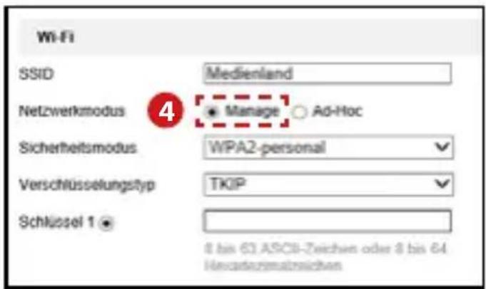 Wi-Fi SSID Medienland Netzwerkmodus Manage Ad-Hoc Sicherheitsmodus WPA2-personal Verschlüsselungstyp TKIP Schlüssel 1 8 bis 63 ASCII-Zweichen oder 8 bis 64 Hewartensmatrischen