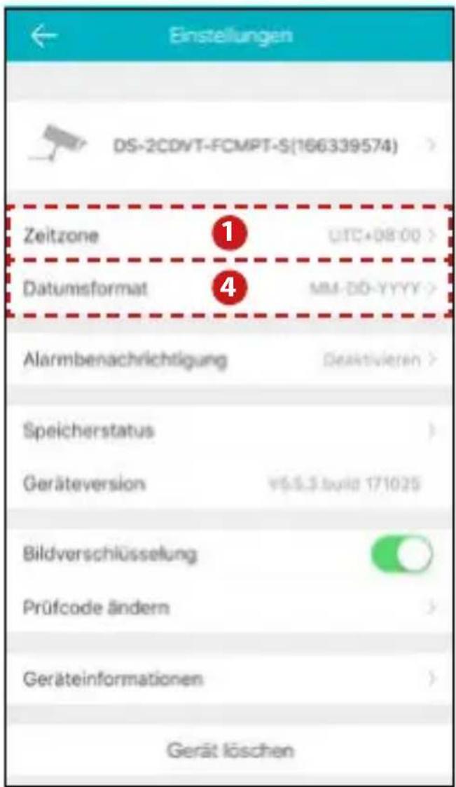 Einstellungen DS-2CDVT-FCMPT-S(166339574) Zeitzone ① UTC+08:00 Datumsformat ④ MM-DD-YYYY Alarmbenachrichtigung Geaktivieren > Speicherstatus ) Geräteversion V6.5.3.buila 171025 Bildverschlüsselung Prüfcode ändern > Geräteinformationen > Gerät löschen